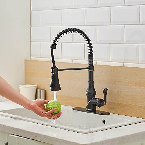 Bathlavish Oil Rubbed Bronze Kitchen Faucet Pull Down 3 Outlet Mode Sprayer Bar Sink Farmhouse Commercial Single Hole Single Handle Mixer Tap With 10-Inch Hole Cover Plate Solid Brass Lead-Free #TOP1