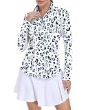 Soneven Women'S Long Sleeve Golf Shirts Moisture Wicking Mesh Polo Shirt 1/4 Zip Pullover Athletic Collared Workout Tops Blue Leopard Print L