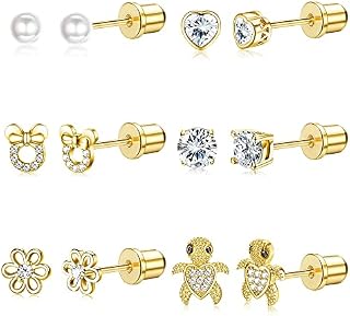 MILACOLATO 6Pairs Stud Earrings For Girls Women 316L Stainless Steel Hypoallergenic CZ Heart Screw Back Earring Studs Set Silver Gold Pink Cute Flower Stud Earrings Jewellery For Children Kids