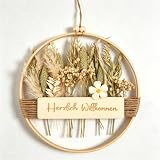 Türkranz Trockenblumenkranz Herzlich Willkommen Schild Haustür Holz Türkranz Trockenblumen Boho Türdeko Ganzjährig Willkommensschild Naturtöne Hängedeko für Wand Fenster Deko 25cm