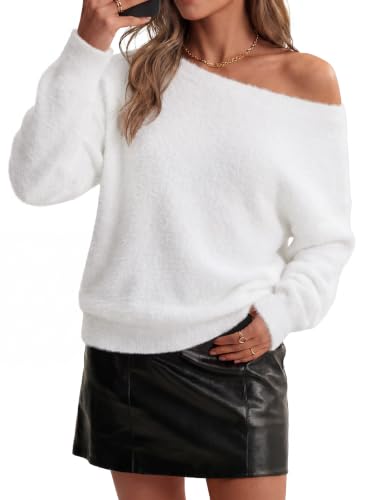 Arach&Cloz Women's Long Sleeve Faux Fur Fuzzy Fall Fashion Sweater White L