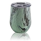 Broox Brands 12 ounce 188 stainless steel double wall vacuumed insulated stemless travel wine tumbler with lid with slide opening, metal straw and straw cleaner (light green wood grain), 11.3x7.9 cm