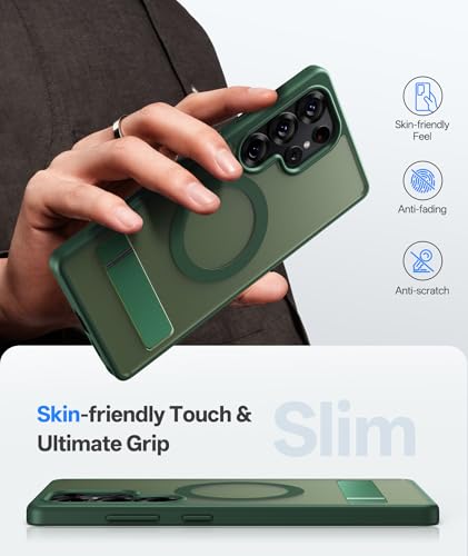 Image of Vihibii PC,Silicone For Samsung Galaxy S25 Ultra Magnetic Back Cover With Kickstand,[Compatible With Magsafe],Rugged Shockproof Protective Back,Translucent Matte Slim Phone Case For 6.9 inch,Green