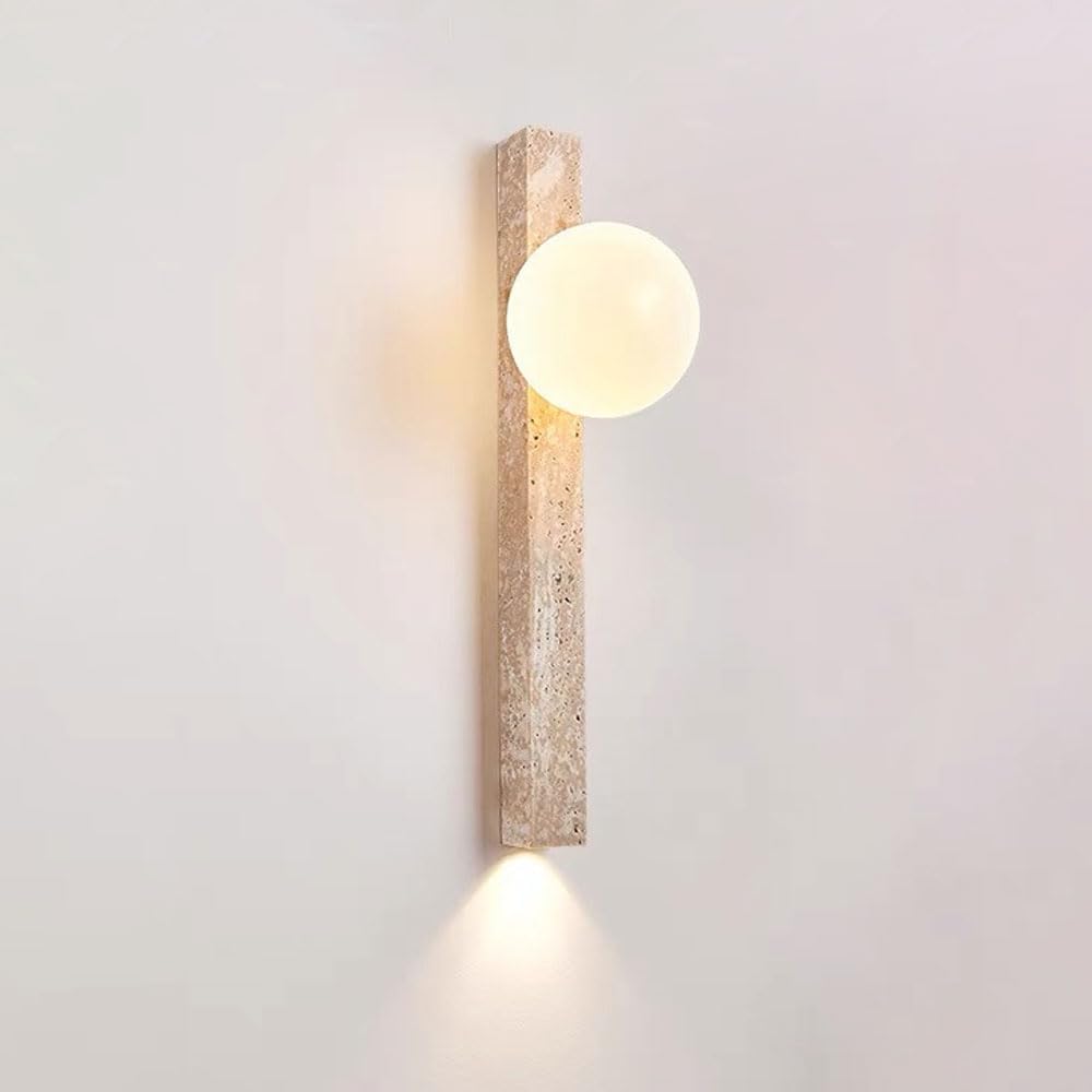 Jadssox moderne Wandleuchte Globus Glas Wandleuchte Naturstein Vanity Wandlampe, Wabi Sabi Wandleuchter Beleuchtungsvorrichtung Gelbe Travertin Wandlampen für Schlafzimmer Wohnzimmer