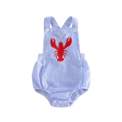 Xnqiwq Newborn Baby Boy Girl Summer Romper Crawfish Onesie Sleeveless Lobster Overalls Bubble Striped Bodysuit Infant Outfit (Blue 12-18 Months)