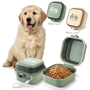 2 Pack Collapsible Dog Cat Bowls with Lid, Integrated 2-in-1 Portable Water and Food Bowl for Dog, Foldable Travel Dog Cat Water Bowl, Dog Cat Travel Accessories for Camping, Green and Beige