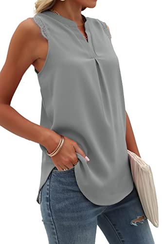 Women's Business Casual V Neck Lace Tank Tops Chiffon Work Blouse Top Medium Grey #TOP1