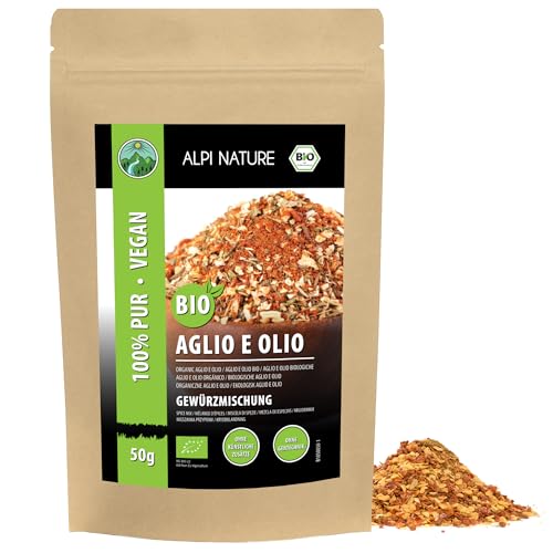 Especias orgánicas Aglio e Oglio (50 GR), mezcla de especias orgánicas, especias para pasta, 100% naturales, ingredientes orgánicos, condimento para espaguetis sin aditivos artificiales