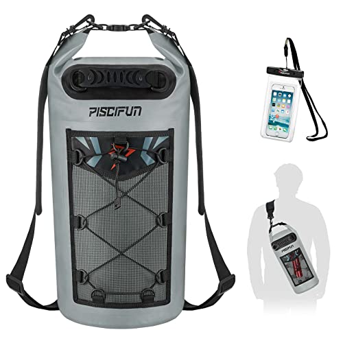 Piscifun Dry Bag, Waterproof Floating Backpack with Waterproof Phone Case for Kayking, Boating, Kayaking, Surfing, Rafting and Fishing, Grey 10L