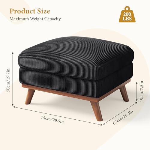 Image of Vesgantti Large Ottoman for Modular Sofa, 29.5 inch Corduroy Ottoman with Spring Cushion, Rectangle Foot Rest for Couch, Entrance Footstool with Wood Legs, Footstool for Living Room, Bedroom, Black