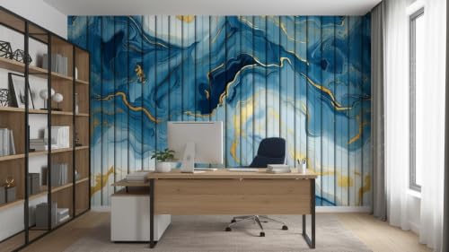 Image of Blue Gold Louvers Self-Adhesive Kitchen Wallpaper Roll, PVC 3D Wall Sticker Oil Proof, Waterproof & Washable Wallpaper for Home Decor, Living Room, Bedroom, Hotel & Cafe Walls (45x300cm)