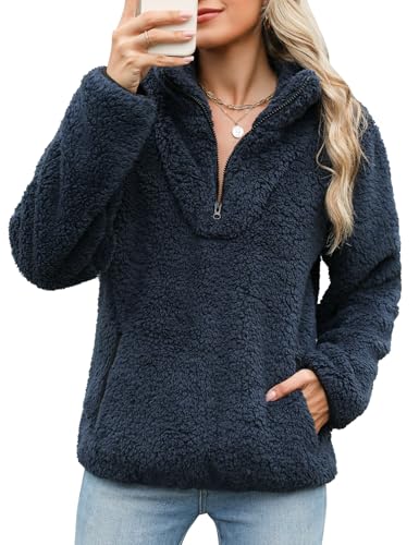 Tuopuda Pullover Damen Sweatshirt Herbst Winter Flauschig Pulli Fleece Weich Langarmshirt mit 1/4 Zip Taschen Langarm Locker Oberteile Tops Shirts Winterpullover ohne Kapuze, Marine, L