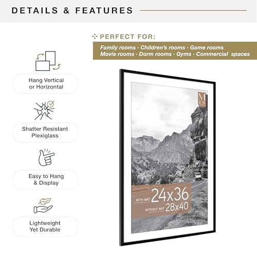 Image of MCS Everline Poster Frame, 28x40 Matted to 24x36, Black | Matted Poster Frame For Photos & Art Prints, 28x40 Inch Outer, 24x36 Inch Picture Window, Black Finish, 1-Pack