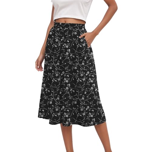 Pamqsen Damen Rock Blümchenmuster Sommerrock mit Taschen Midi Röcke Boho Midirock Sommer Hohe Taillâ€¦ – Vignette