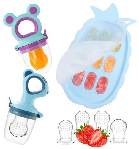 Image of Baby Fruit Feeder Baby Breastmilk Popsicle Molds, Food Freezer Tray Storage Containers, Silicone Pacifier Feeder and Teether, Includes 6 Extra Food Pacifier