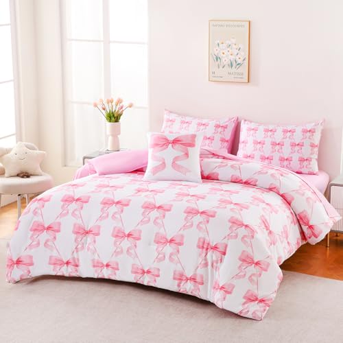Image of DORCAS Bow Comforter Set Full Bed in A Bag for Girls,6 Pieces Pink Bow Bedding Sets with Sheets for Kids