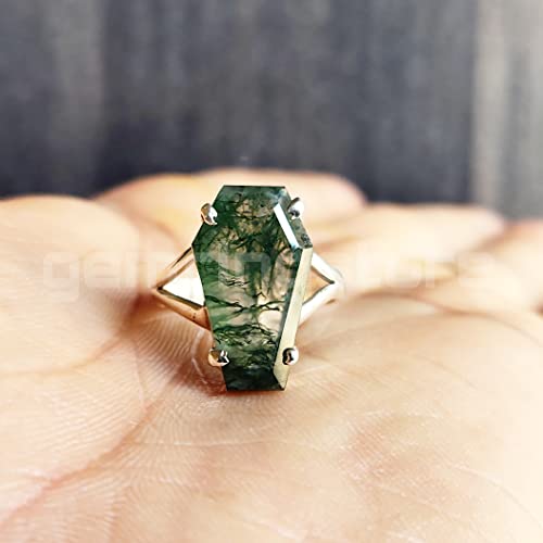 Sterling Silver Coffin Shape Moss Agate Ring - Gift for Her2