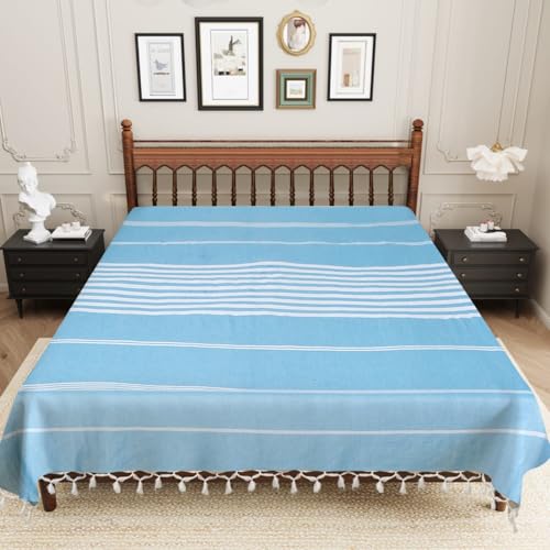 Image of Handmade Double Bedsheet 210 TC | Without Pillow Cover | Handloom Cotton Bedsheets for Double Bed | Double Bedsheet for Summer (Size 90X100 Inches, 7.5 x 8.3 Feet (Smalt Blue, Double Bed)