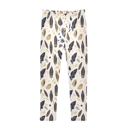 KLL Gold Black Feathers Pattern Toddler Girls Basic Leggings Casual High Waisted Pants Gym