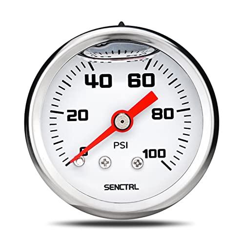 SENCTRL 0-100 Psi Fuel Pressure Gauge 1-1/2 Dial Size 1/8 NPT Back Mount Glycerin Liquid Filled Stainless Steel Case Inline Low Pressure Gauge for Water Oil Air Pressure Test