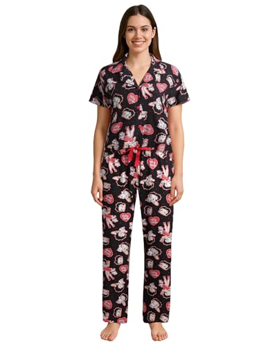 COCO BRANDS Betty Boop Women’s Pajama Set, Soft Stretchy Pajamas with Pants and Short Sleeve, Notch Collar & Button Down Top, Size Large, Black Betty Boop Puppy Print