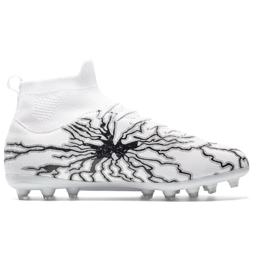 HRJR Kids Soccer Cleats Boys Girls Training Football Cleats Youth High-top Soccer Shoes for Little/Big Professional Athletic Outdoor Football Shoes White 6.5 Big Kid