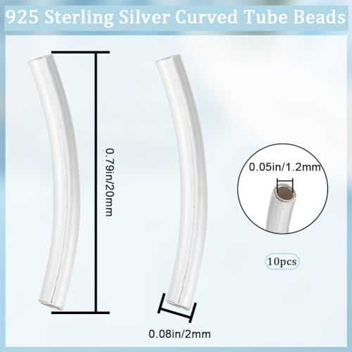 Beebeecraft 1 Box 10Pcs Tube Beads 925 Sterling Silver Curved Column Noodle Loose Spacer Beads 20x2mm for DIY Bracelet Necklace Jewellery Making Hole: 1.2mm - Image 2
