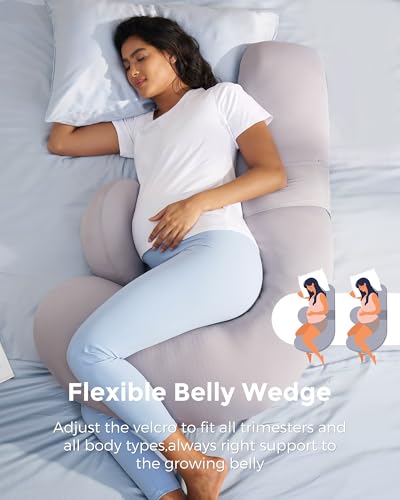 Image of Momcozy Cooling Pregnancy Pillow,Original F Shaped Maternity Pillow for Pregnant Women with Adjustable Wedge Pillow, Full Body Support Pregnancy Pillows for Side Sleeping with Velvet Cover, Light Grey