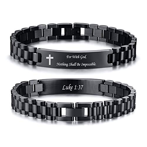 VNOX Personalized Religious Jewelry-Engraved Inspirational Christian Faith Bible Verse Quote Wristbands Elegant Link Bracelet Encouragement Gift,Cassic Watch Band Strap Design Black Cross-Lu