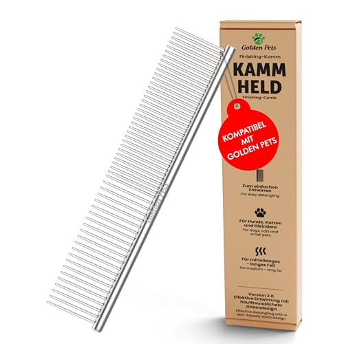 NEU! Profi Hundekamm zur Fellpflege von mittlerem & langem Haar bei Hunde & Katzen, Pudel, Goldendoodles I Golden Pets kompatibel - Gegen Knoten und zum Finish I + neues E-Book Größe S