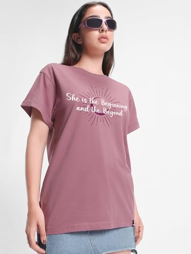 Image of Bewakoof Women's Typography 100% Cotton T-Shirt - Boyfriend Fit, Round Neck, Half Sleeves