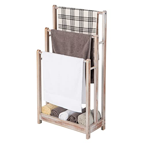 COSTWAY Handtuchständer freistehend, Handtuchhalter Holz mit 3 Handtuchstangen & unterer Ablage & Kippschutz, Trockenständer braun für Badezimmer, Hotels (weiß)
