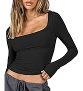 Flovey Women Long Sleeve Square Neck T Shirts Ribbed Y2K Casual Fall Slim Fitted Crop Top