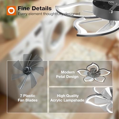 Image of addlon Ceiling Fans with Lights and Remote, 27'' Low Profile Flush Mount Ceiling Fan, 3000-6000K Dimmable LED Fandelier, Flower Fan Light for Bedroom, Kitchen, Living Room, Black