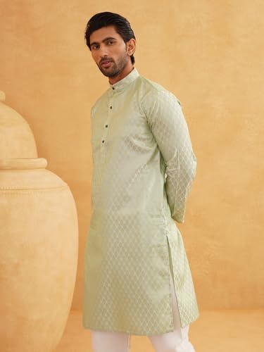 Image of Sojanya (Since 1958 Men'S Cotton Linen Blue Foil Printed Only Long Kurta