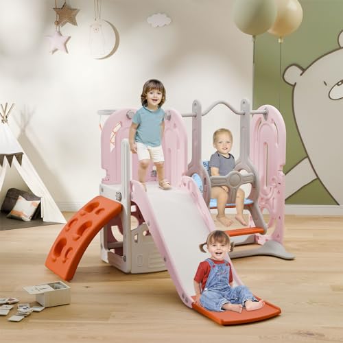 BIERUM 5 in 1 Toddler Slide Swing and Slide for Toddlers Age 1-3 with Basketball Hoop and Basketball, Slide for Kids, Indoor Outdoor Backyard Toddler Playground Climbing Theme Baby Slide Toy