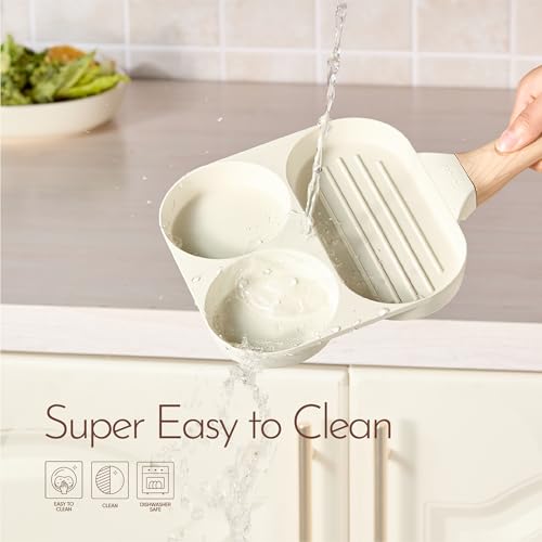 CAROTE Egg Pan Omelette Pan, 3-In-1 Divided Nonstick Grill Pan, Pancake Pan and Healthy Egg CookerSuitable for Gas Stove & Induction Cookware, White Granite
