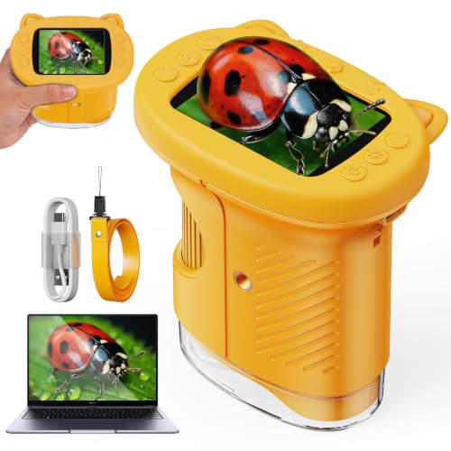 ASPOVEN Microscopio Portátil para Niños, Microscopio Digital 1000x Niños con Pantalla IPS de 2,4 Pulgadas, Función de Fotografía y Compatible con PC para Jardín, Bosque y Al Aire Libre (Amarillo)