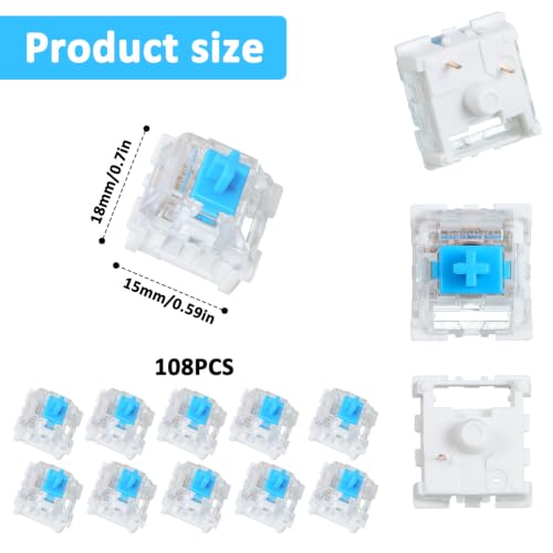 Image of 108 Pcs Mechanical Keyboard Switch 3 Pin Pre-Lubricated Clicky Key Switches | Blue, Clickers for 3d Prints, Dustproof and Waterproof, keyboard accessories for Mechanical Gaming Keyboard