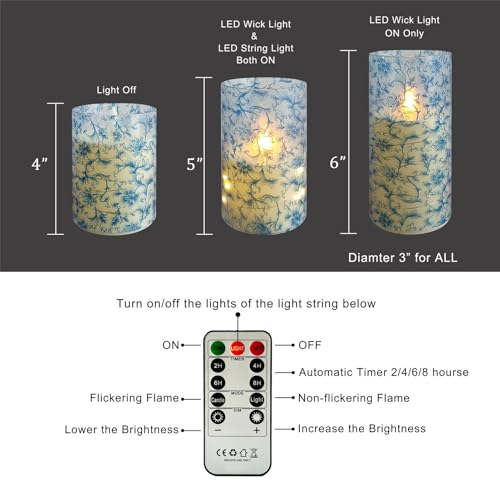 Image of Blue Floral Flameless LED Pillar Candles with String Lights, 3pcs Battery Operated Flickering Candles with Remote Timer, Decorative Flower Printed Candles for Wedding Home Decor Romantic Ambiance