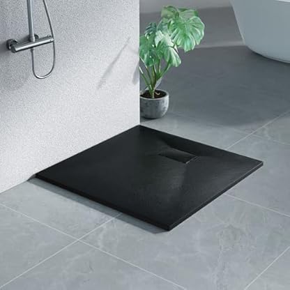 Heilmetz® Duschwanne 80x80cm Flach Duschtasse Höhe 2.6 cm Brausewanne Steinoptik Antirutsch SMC Duschtasse, Ø 90mm Ablauföffnung -Schwarz (ohne Siphon)