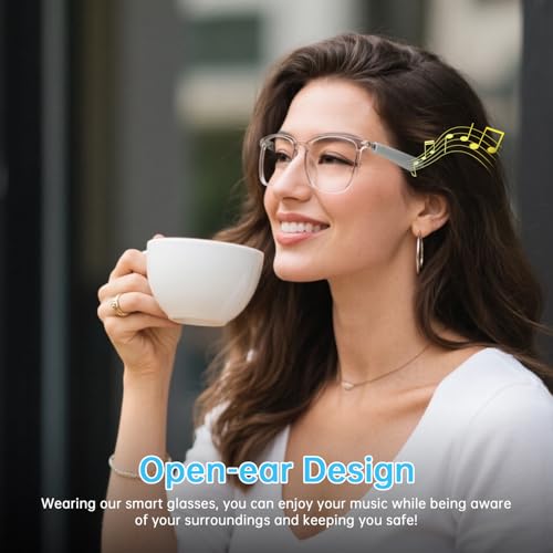Image of GenXenon Smart Glasses for Women, Clear Frame Blue Light Glasses, Open-Ear Design, Magnetic Charging, Voice Assistant, Bluetooth Eyeglasses with Speakers, Audio Glasses for Working Driving (GS03-C)