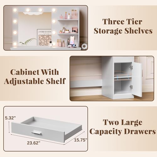 Image of YESHOMY 35.4 inch Vanity Desk with Mirror & Lights, Power Outlet,Fresh White