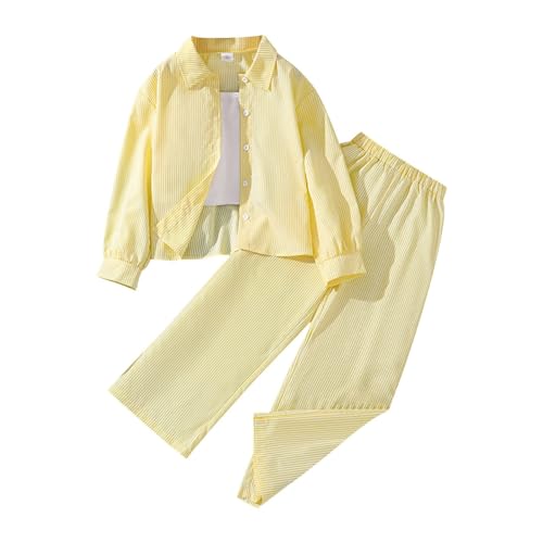 Girls 2 Piece Outfit Plain Striped Shirts Long Sleeve Lapel Neck Button Down Tops Baggy Elastic Waist Pants Set