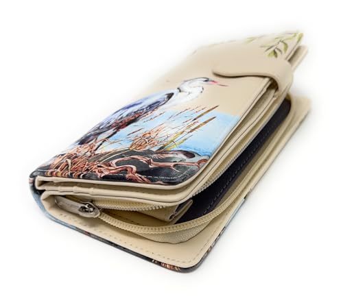 Shag Wear Blue Heron Large Nature Wallet for Women and Teen Girls Vegan Faux Leather Beige 7"4