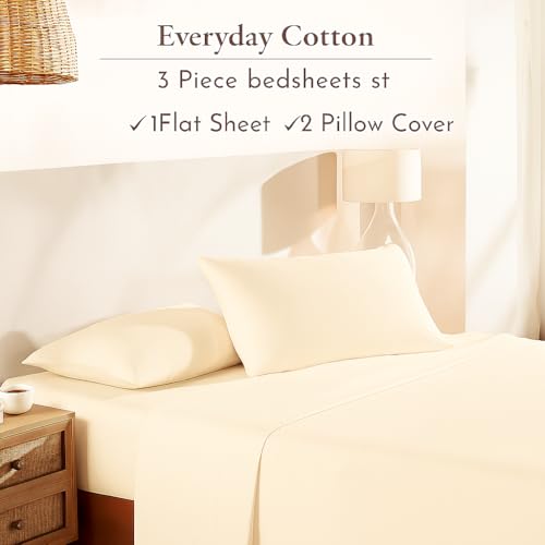Image of 100% Cotton Bedsheet Set - Ivory King Size (102x108 Inches) - Lightweight, Super Soft, Wrinkle-Free - Flat Bedsheet with 2 Pillow Covers