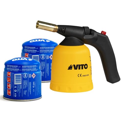 VITO - Lampe a souder à gaz ABS Allumage piezo + 2 Cartouches de gaz 190gr Perçables - Chalumeau à gaz Bricolage Plomberie Soudure