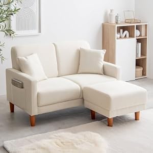 家具350 ソファー カウチ セット 2人掛け 幅113 オットマン クッション付 サイドポケット リビング ワンルーム 小さめ アイボリー 135021