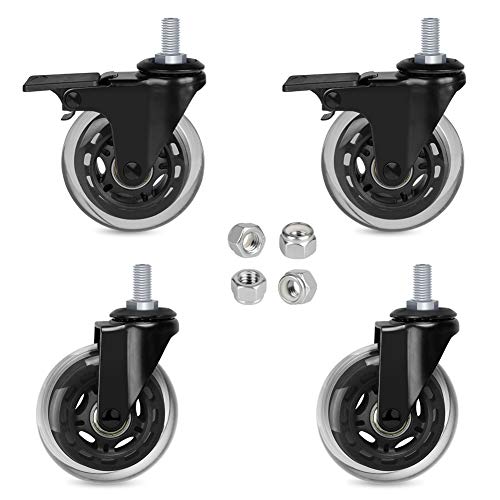Hirate 3" M10+BRAKE_2P+N/B_2P+NUTS 3 Inch Caster With 3/8"-16Unc Threaded Stem(2 Casters With Brake Lock), 4 Pack Swivel Stem Casters With Nylon Lock Nuts cover