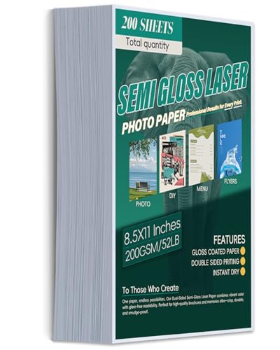 Laser Photo Paper 8.5x11 In,200 Sheets 200GSM/52LB Semi Gloss Double Sided High-Heat Resistant Smudge Proof for Laserjet Brochures Covers Postcard DIY Flyers Cards Cardstock(Not applicable to inkjet)